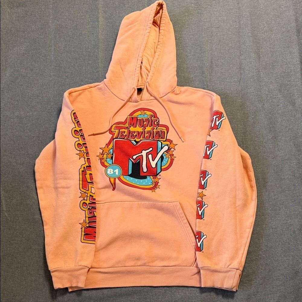 MTV Medium Ling Sleeve Logo Hoodie Men's Medium in Soft Peach